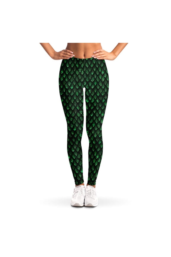 Green Dragon Scales Pattern Print Leggings, Dragons Sexy Yoga Leggings For Women.