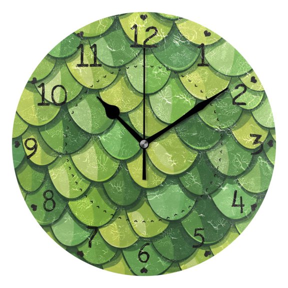 Green Dragon Scales Round Wall Clock Silent Analog Battery Operated Black Pointer Home Decor 9.84" Diameter