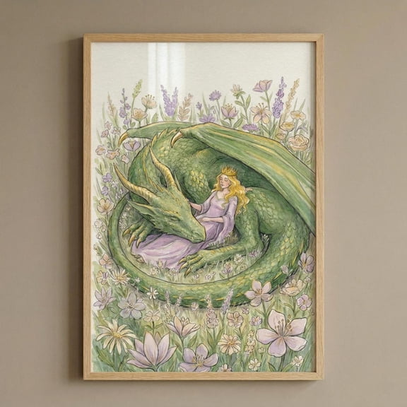 Green Dragon Sleeping Princess Fairy Tale Wall Decor Unframed Paper Print