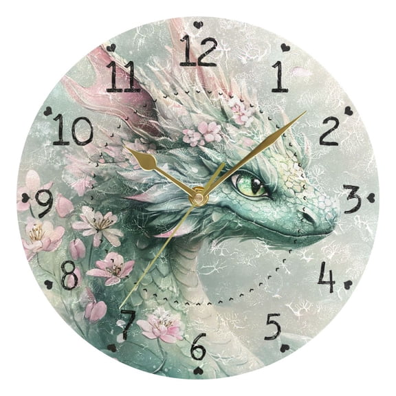 Green Dragon with Flowers Round Wall Clock Silent Analog Battery Operated Gold Pointer Home Decor 9.84" Diameter