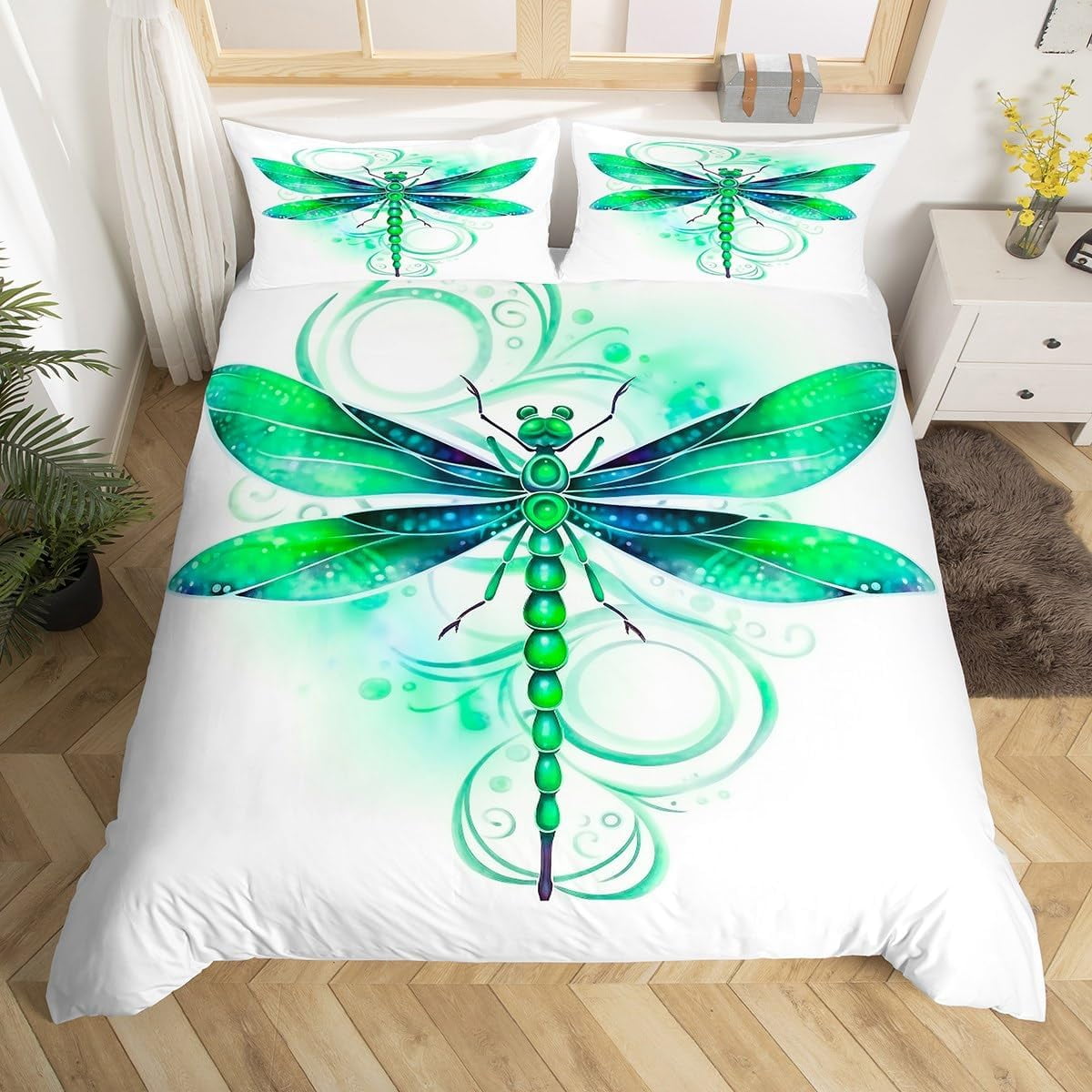 Green Dragonfly Bedding Set,Nature Flying Animals Duvet Cover for Kids