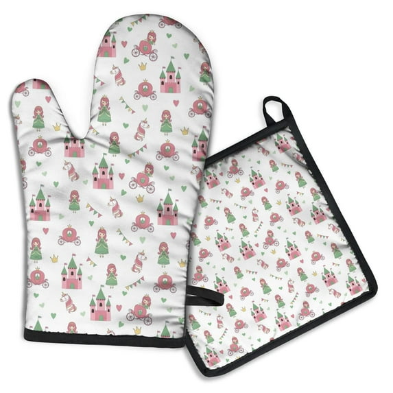 Green Dress Princess Castle Pattern Kitchen Oven Mitt and Pot Holder Sets 4 Pcs for Baking, Cooking and Grilling, Heat Resistant Up To 392 °F