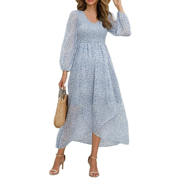 Green Dress Shirt Women, Wedding Guest Easter Dresses Smocked Slit Casual Long Sleeve V Neck Floral Dress Black New Years Eve Dress Maternity Womens Spring Dresses Casual (S, Sky Blue) ZMTing