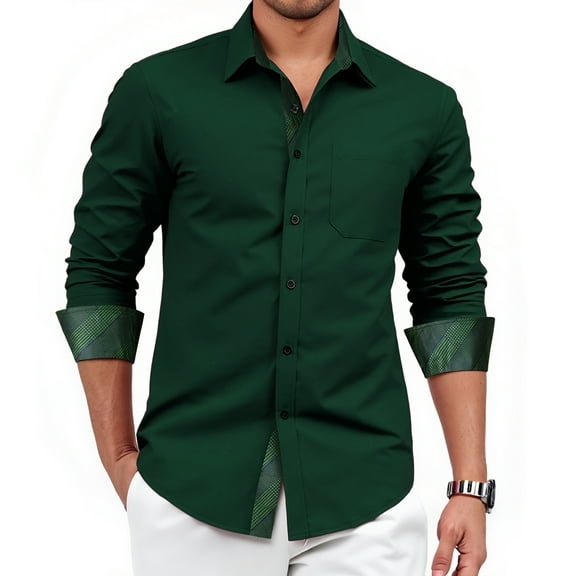 Mens Green Dress Shirt Long Sleeve Button-Up Casual Shirt with Inner Contrast Formal Business