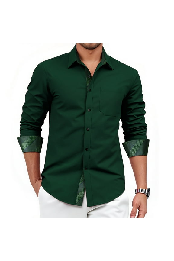 Mens Green Dress Shirt Long Sleeve Button-Up Casual Shirt with Inner Contrast Formal Business