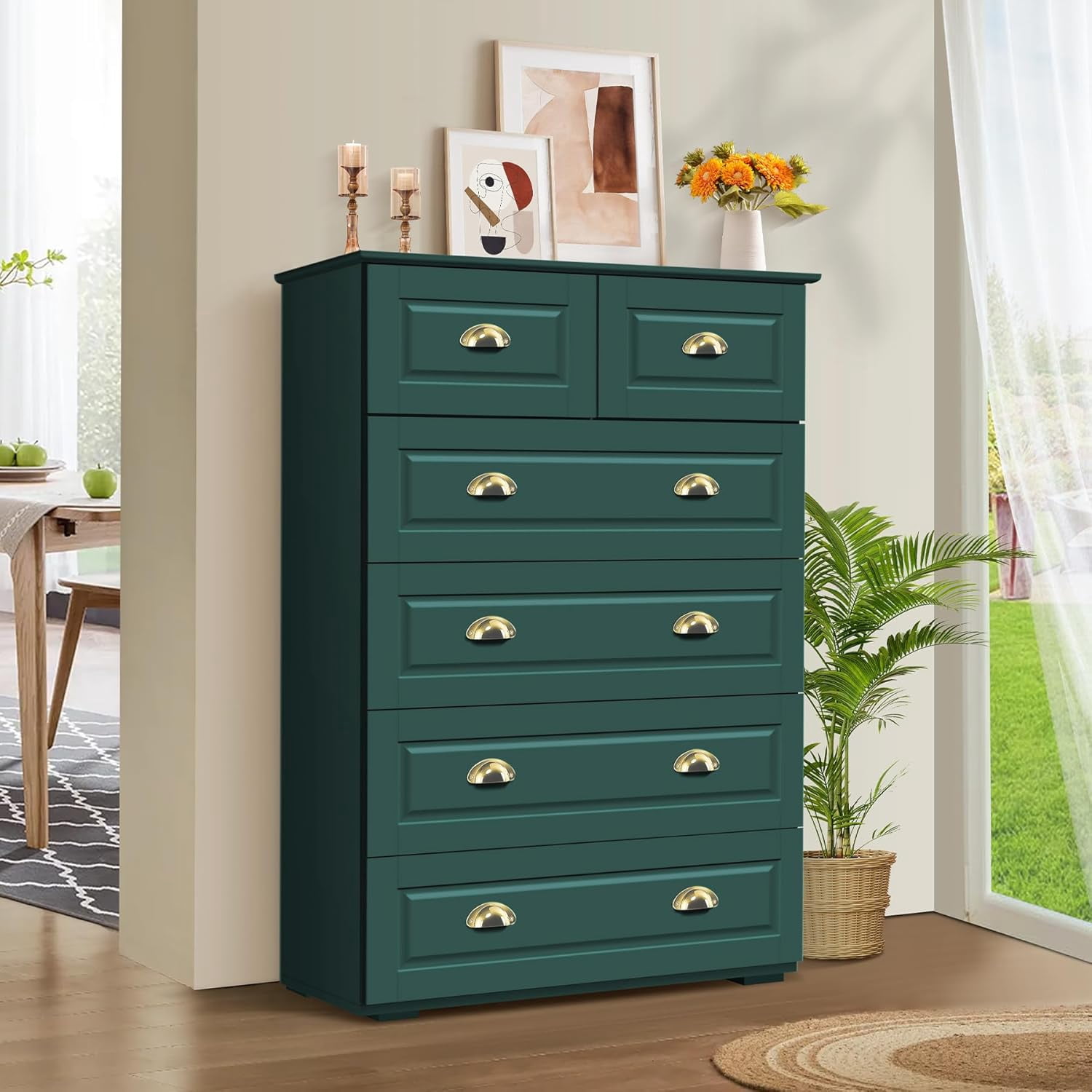 Green Dresser for Bedroom, 6 Drawer Dressers, Tall Wood Dresser, Chests ...