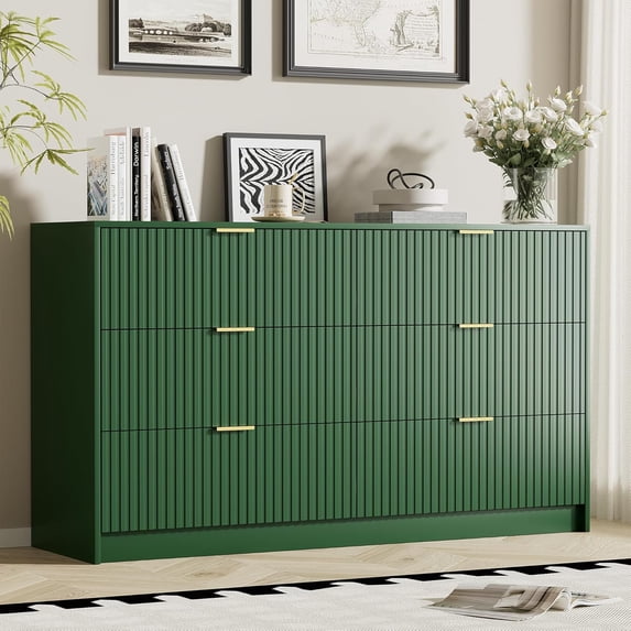 Green Dresser for Bedroom, Modern Dresser with 6 Drawers and Smooth Slides, Wide Chest of Drawers with Golden Handles for Bedroom, Living Room, Closet, 15.7" D x 55.1" W x 31.4" H