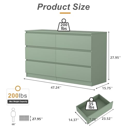 Green Dresser for Bedroom,Modern 6 Drawer Dresser,Storage Chest of ...