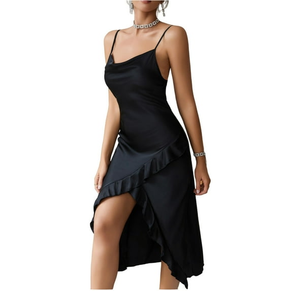 Green Dresses For Women, Elegant Casual Spaghetti Strap Nightdress V Neck Ruffled Hem Slit Dress Wedding Guest Easter Church Beach Party Or Daily Wear Summer Dresses Work (L, Black) ZMTing