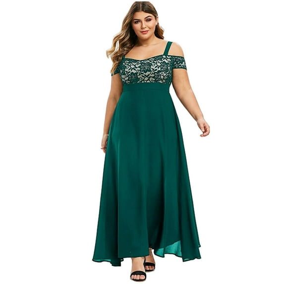 Green Dresses for Women Solid Color Cold Shoulder Short Sleeve Lace Dress Plus Size Square Neck Slim Fit Trendy Cocktail Formal Dress Maxi Fashion Elegant A-Line Vest Sling Pleated Dress,XXL