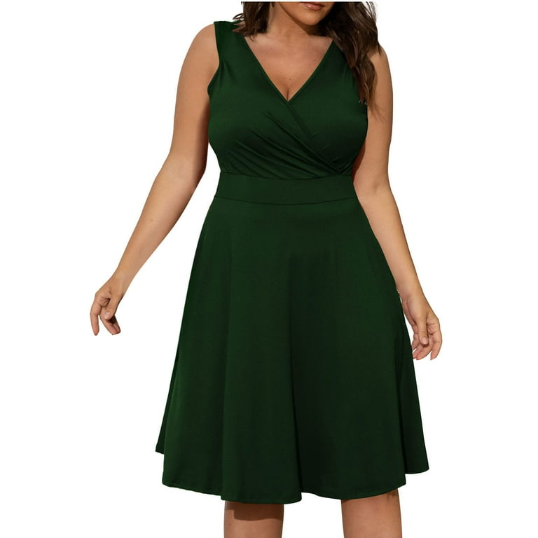 Green Dresses for Women Solid Color Sleeveless Comfy Holiday Dress Plus Size V Neck Fit And Flare Trendy Vacation Casual Sun Dress Maxi Fashion Daily A Line Blouse Pleated Dress with Pocket 3XL Walmar...