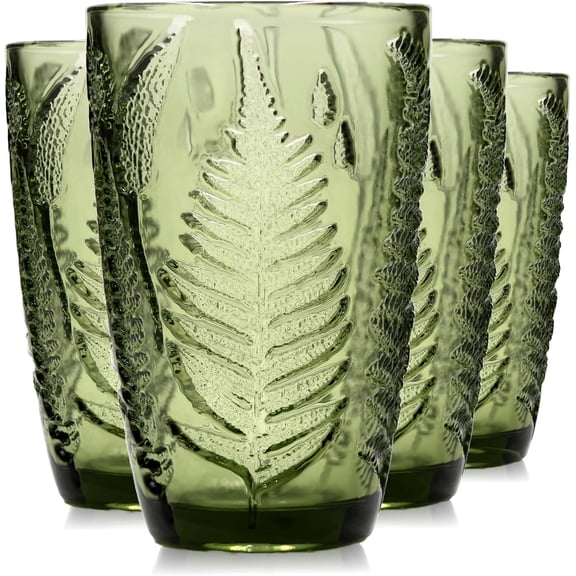 Green Drinking Glasses Set of 4, 12 oz Vintage Hand-Pressed Glass Cups, Fern Textured Highball Tumblers, Antique Style Boho Glassware for Water, Juice, Cocktails & Mocktails, Housewarming Gift Set