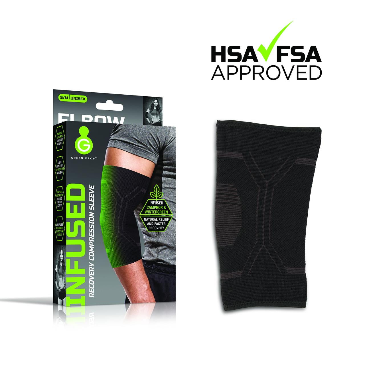 Green Drop Elbow Compression Sleeve Natural Pain Relief, HSA/FSA