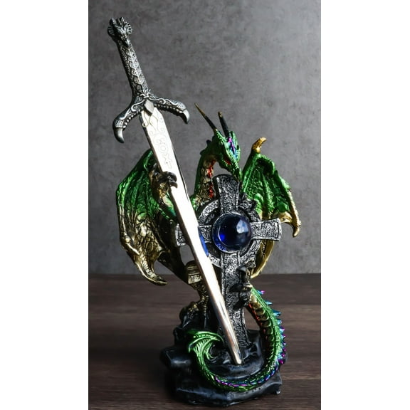 Green Druid Dragon With Celtic High Cross & Gothic Sword Letter Opener Figurine