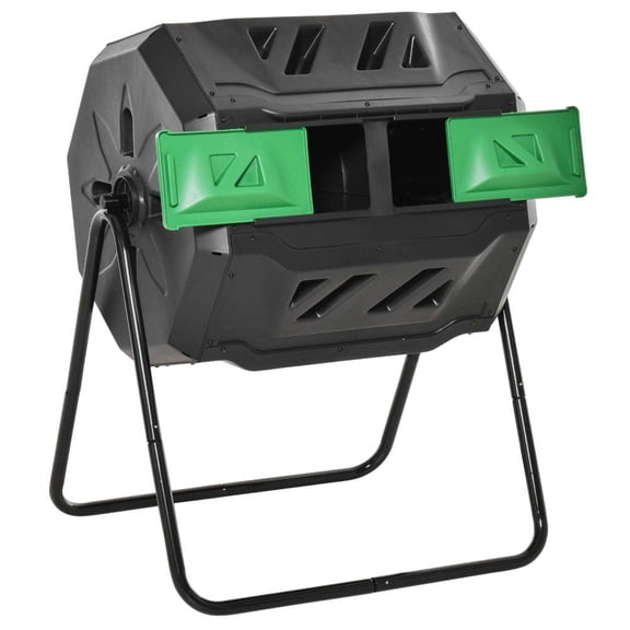 Green Dual-Chamber 42.3Gal Rotating Tumbling Compost Bin with Powder-Coated Steel Stand,28"L25.5"W37.75"H