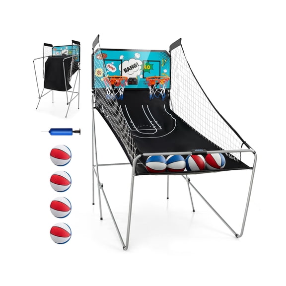 Green Dual Shot Foldable Basketball Arcade Game with 8 Game Modes, Electronic Scoring Indoor Basketball Hoop for 14 Players, Complete Set with 4 Basketballs & Inflation Pump
