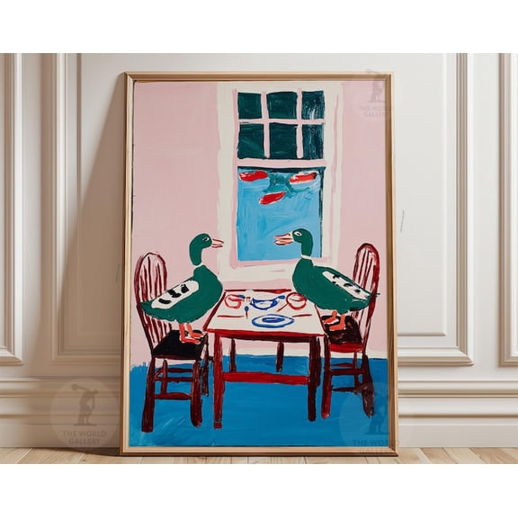 Green Duck Ducks At Dining Table Pink Interior Wall Art Print, Unframed Paper Poster 24x36in