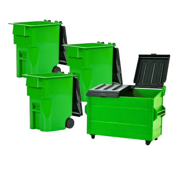 Green Dumpster & 3 Green Trash Cans With Lid & Wheels for WWE & AEW Wrestling Figures