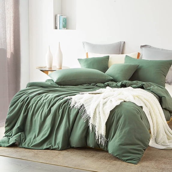 Green Duvet Cover Queen Size 100% Washed Cotton Solid Color Bedding Set 3Pcs Simple Modern Soft Lightweight Breathable Comforter Cover