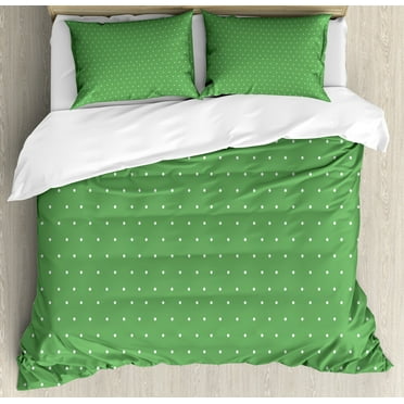 Green Duvet Cover Set, 50s 60s Style Retro Vintage Inspired Simple Design with Little Polka Dots Image, Decorative 3 Piece Bedding Set with 2 Pillow Shams, Calking Size, Green and White, by Ambesonne