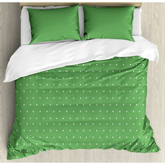 Green Duvet Cover Set, 50s 60s Style Retro Vintage Inspired Simple Design with Little Polka Dots Image, Decorative 3 Piece Bedding Set with 2 Pillow Shams, Queen Size, Green and White, by Ambesonne