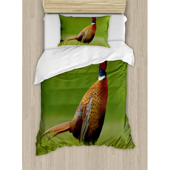 Green Duvet Cover Set, Czech Republic European Scene of a Creature on Blurry Backdrop Photo, Decorative 2 Piece Bedding Set with 1 Pillow Shams, Twin Size, Ginger Chocolate and Red, by Ambesonne