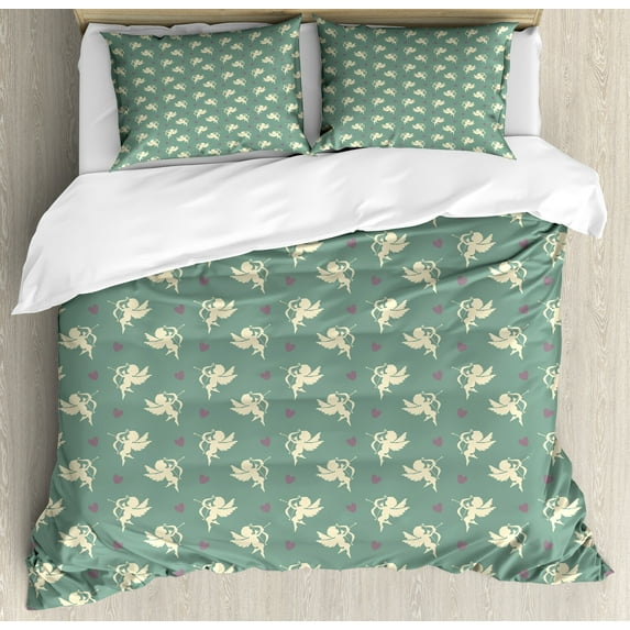 Green Duvet Cover Set, Greek Inspired Romance Cupid Silhouette Pattern with Little Hearts Print, Decorative 3 Piece Bedding Set with 2 Pillow Shams, King Size, Jade Green Purple Cream, by Ambesonne