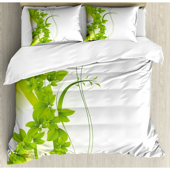 Green Duvet Cover Set King Size, Blossoming Flowers Natural Fantasy Theme Abstract Botanical Garden Design, Decorative 3 Piece Bedding Set with 2 Pillow Shams, Apple Green White, by Ambesonne