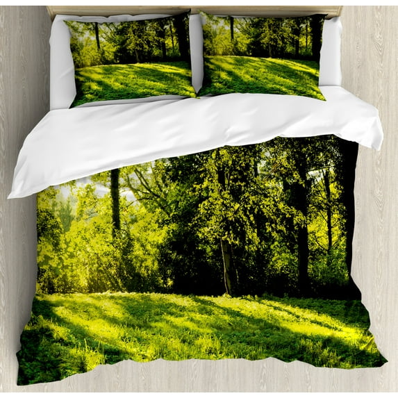 Green Duvet Cover Set King Size, Forest Landscape at Sunrise Beams Trees Grass Field Rural Scenery Nature Peaceful Photo, Decorative 3 Piece Bedding Set with 2 Pillow Shams, Green, by Ambesonne