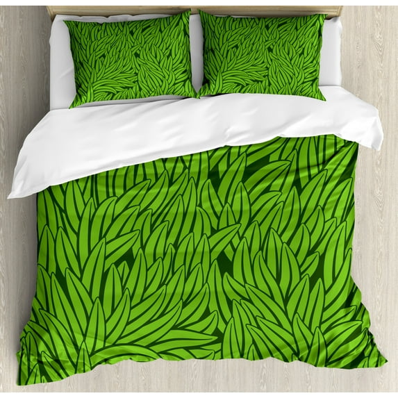 Green Duvet Cover Set King Size, Hand Drawn Style Grass Pattern Abstract Simplistic Environmental Growth Eco, Decorative 3 Piece Bedding Set with 2 Pillow Shams, Lime Green Emerald, by Ambesonne