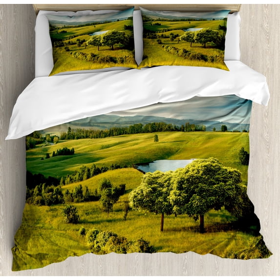 Green Duvet Cover Set King Size, Scenic Scenery Hilly Landscape with Lake and Blue Cloudy Sky Trees Meadow Countryside, Decorative 3 Piece Bedding Set with 2 Pillow Shams, Green Blue, by Ambesonne