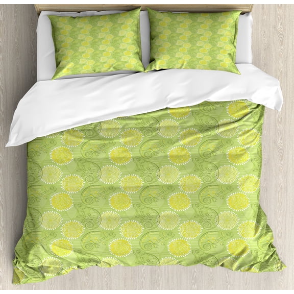 Green Duvet Cover Set, Leaves Background Chameleons Repetitive Fresh Tones, Decorative 3 Piece Bedding Set with 2 Pillow Shams, Calking Size, Avocado Green Multicolor, by Ambesonne
