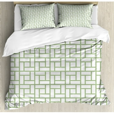 Green Duvet Cover Set, Maze Shaped Squares Rectangulars Geometrical Lines Modern Image Print, Decorative 3 Piece Bedding Set with 2 Pillow Shams, Calking Size, Pistachio Green White, by Ambesonne