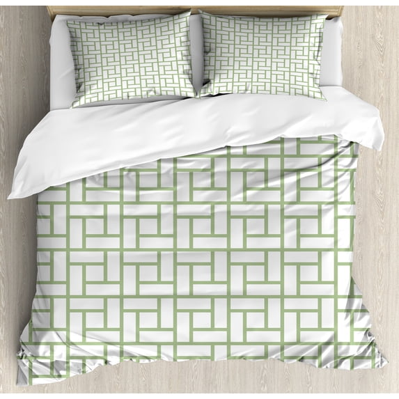 Green Duvet Cover Set, Maze Shaped Squares Rectangulars Geometrical Lines Modern Image Print, Decorative 3 Piece Bedding Set with 2 Pillow Shams, King Size, Pistachio Green White, by Ambesonne