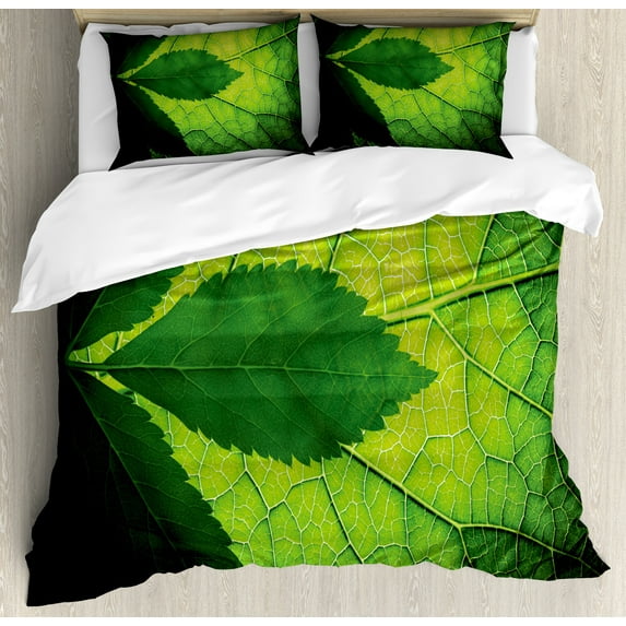 Green Duvet Cover Set, Nature Forest Big Amazon Brazilian Tree Leaf with Vein and Sunbeams Image, Decorative 3 Piece Bedding Set with 2 Pillow Shams, Calking Size, Olive and Dark Green, by Ambesonne