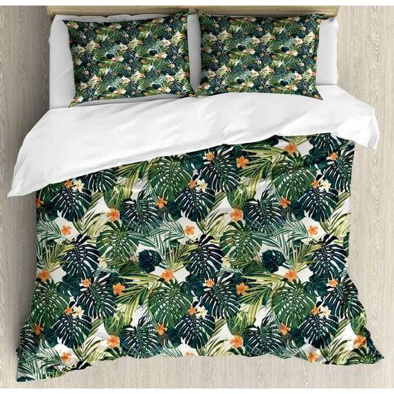 Green Duvet Cover Set Queen Size, Hawaiian Summer Aloha Pattern with Tropical Plants and Hibiscus Flowers, Decorative 3 Piece Bedding Set with 2 Pillow Shams, Green Dark Teal Orange, by Ambesonne
