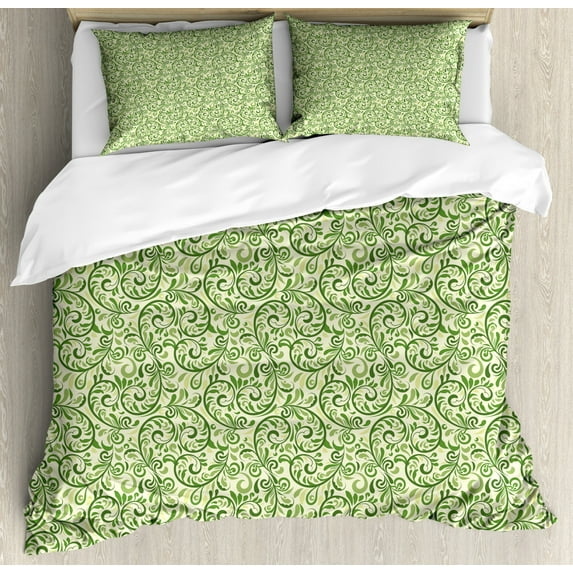 Green Duvet Cover Set Queen Size, Swirled Curly Abstract Leaves with Damask Influences Ornate Vintage, Decorative 3 Piece Bedding Set with 2 Pillow Shams, Fern Green Pale Green Cream, by Ambesonne