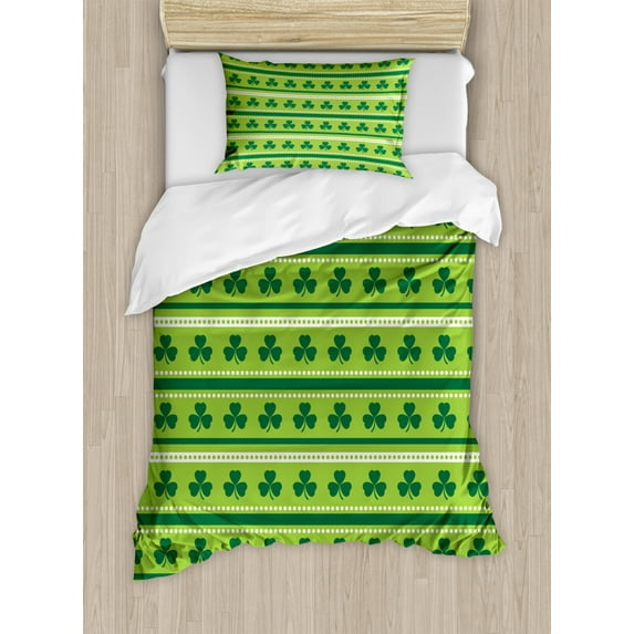Green Duvet Cover Set, Traditional Irish Pattern Clovers Happy St. Patrick's Day Theme, Decorative 2 Piece Bedding Set with 1 Pillow Shams, Twin Size, Lime Green Dark Green, by Ambesonne