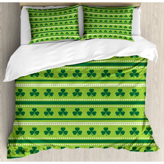 Green Duvet Cover Set, Traditional Irish Pattern Clovers Happy St. Patrick's Day Theme, Decorative 3 Piece Bedding Set with 2 Pillow Shams, Queen Size, Lime Green Dark Green, by Ambesonne