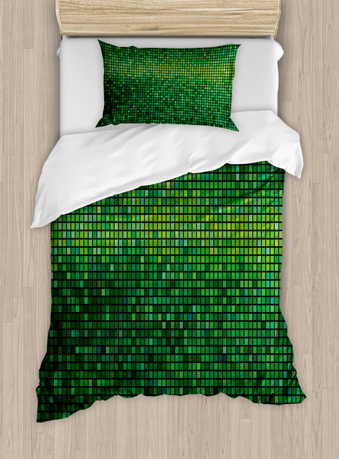 Green Abstract Pixel Twin Duvet Cover Set with Pillow Sham