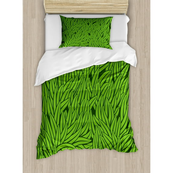 Green Duvet Cover Set Twin Size, Hand Drawn Style Grass Pattern Abstract Simplistic Environmental Growth Eco, Decorative 2 Piece Bedding Set with 1 Pillow Sham, Lime Green Emerald, by Ambesonne