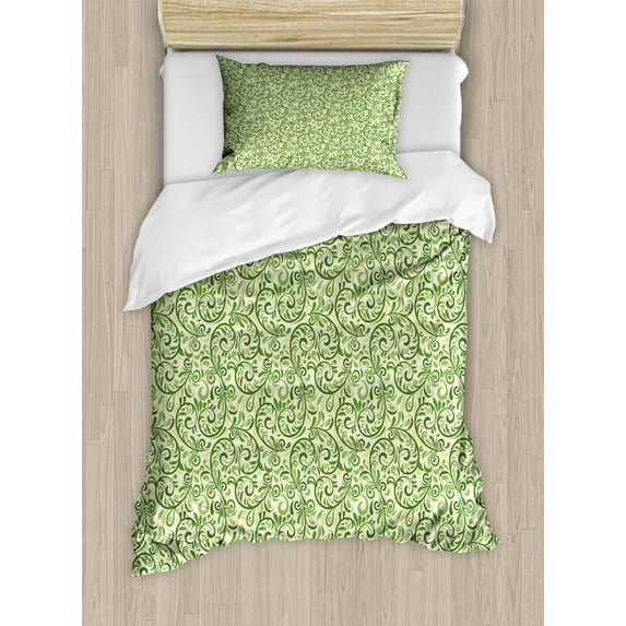 Green Duvet Cover Set Twin Size, Swirled Curly Abstract Leaves with Damask Influences Ornate Vintage, Decorative 2 Piece Bedding Set with 1 Pillow Sham, Fern Green Pale Green Cream, by Ambesonne