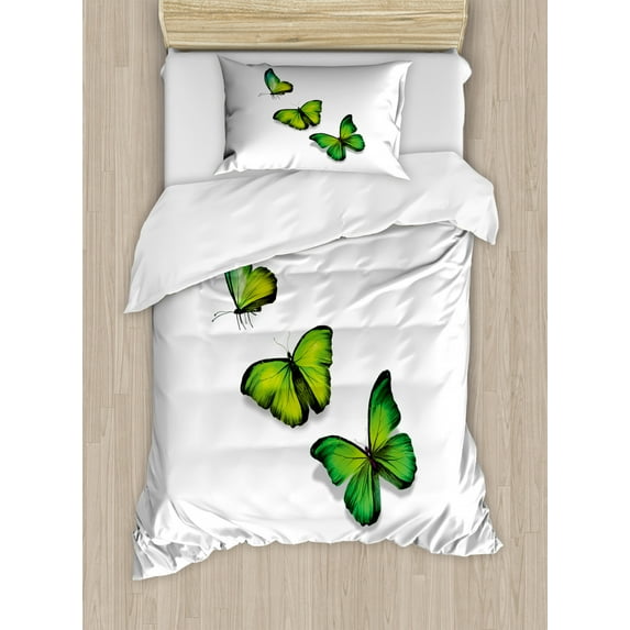 Green Duvet Cover Set Twin Size, Three Vibrant Butterflies on White Backdrop Magical Spring Nature, Decorative 2 Piece Bedding Set with 1 Pillow Sham, Lime Green Fern Green Black, by Ambesonne