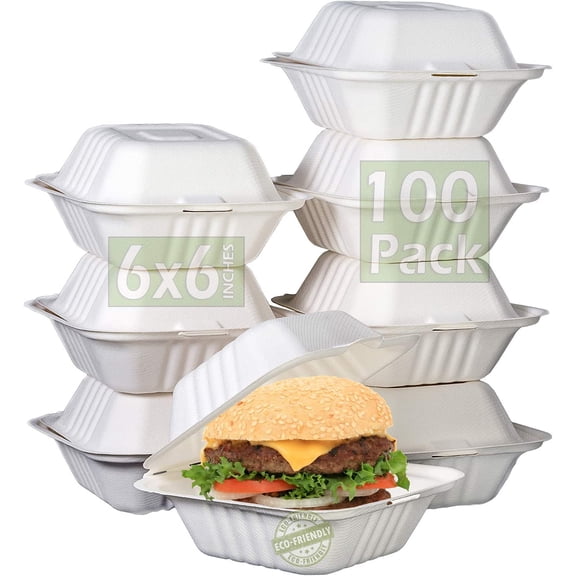 Green Earth 6-Inch, 100-Count, Compostable Clamshell, Natural Bagasse (Sugarcane Fiber), Take-Out/to-Go Food Boxes - Biodegradable Containers, Hinged Lid Microwave-Safe Gluten-Free Eco-Friendly