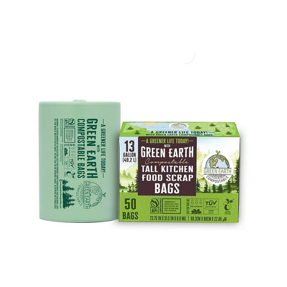 Green Earth Compostable Biodegradable Tall Kitchen Trash Bags,Food Waste Bags, 13 Gallon, 49.2 Liter, 200-Count,Superior Strength 0.9 Mil Thickness,US BPI ASTM D6400 & Europe OK Compost Home Certified