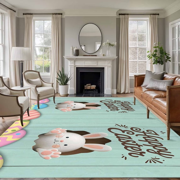 Green Easter Area Rugs 5'x7', Small Throw Rugs for Laundry Room Playroom, Spring Cartoon Bunny Colorful Eggs Wood Grain Indoor Outdoor Rug Non-Slip Low Pile Carpet Runner Reversible Floor Mats