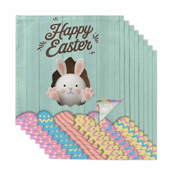 Green Easter Cloth Napkins, Spring Cartoon Bunny Colorful Eggs Wood Grain Washable and Reusable Dinner Napkins Set of 8, Table Napkin for Kitchen Party Birthday Wedding Hotel Housewarming 20"x20"