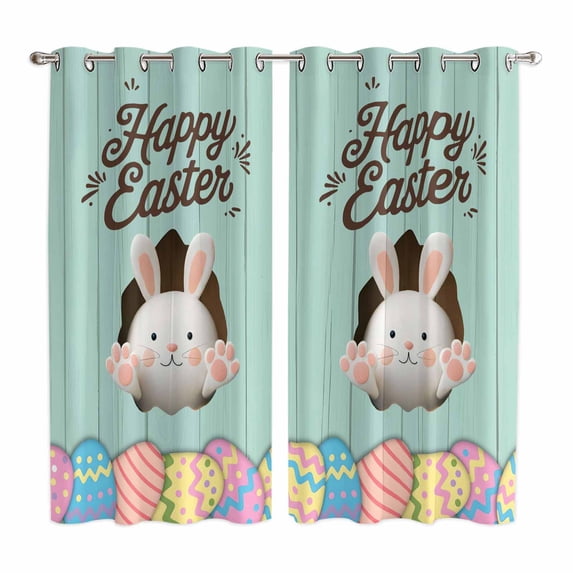 Green Easter Kitchen Curtains Window Panels, Spring Cartoon Bunny Colorful Eggs Wood Grain Insulated Window Treatment Curtain, Grommet Curtains for Bedroom/Living Room/Bathroom, 2 Piece 42"Wx63"L