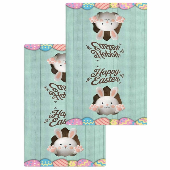 Green Easter Kitchen Dish Towels for Drying Dishes Set of 2, Spring Cartoon Bunny Colorful Eggs Wood Grain Waffle Weave Microfiber Hand Tea Bathroom Towels Quick Dry & Absorbent Towel 15.7x23.6