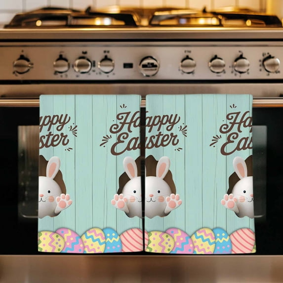 Green Easter Kitchen Towels Set of 1, Spring Cartoon Bunny Colorful Eggs Wood Grain Absorbent Dish Towels for Kitchen, Microfiber Hand Towel, Quick Drying Tea Towel for Cleaning Decorative Dishcloths